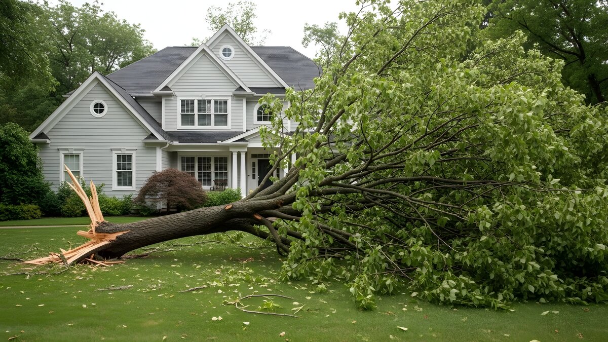 Fallen tree in residential yard after storm damage highlighting drainage issues in yard