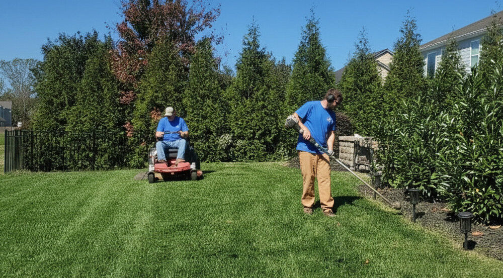 Residential landscaping services team professionaly mowing a large, lush green lawn on a sunny day.