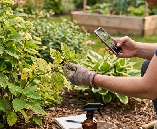 checking plant leaves for spots and damage to identify pest or disease issues