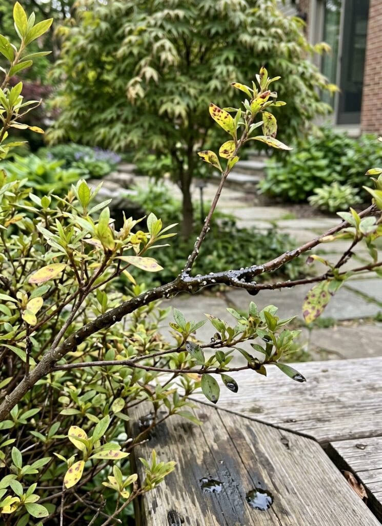 what’s wrong with my plant leaves showing spots and discoloration on shrub